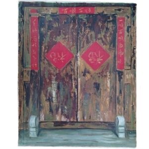 1950s Original Oil Painting of Hutong Doors Beijing